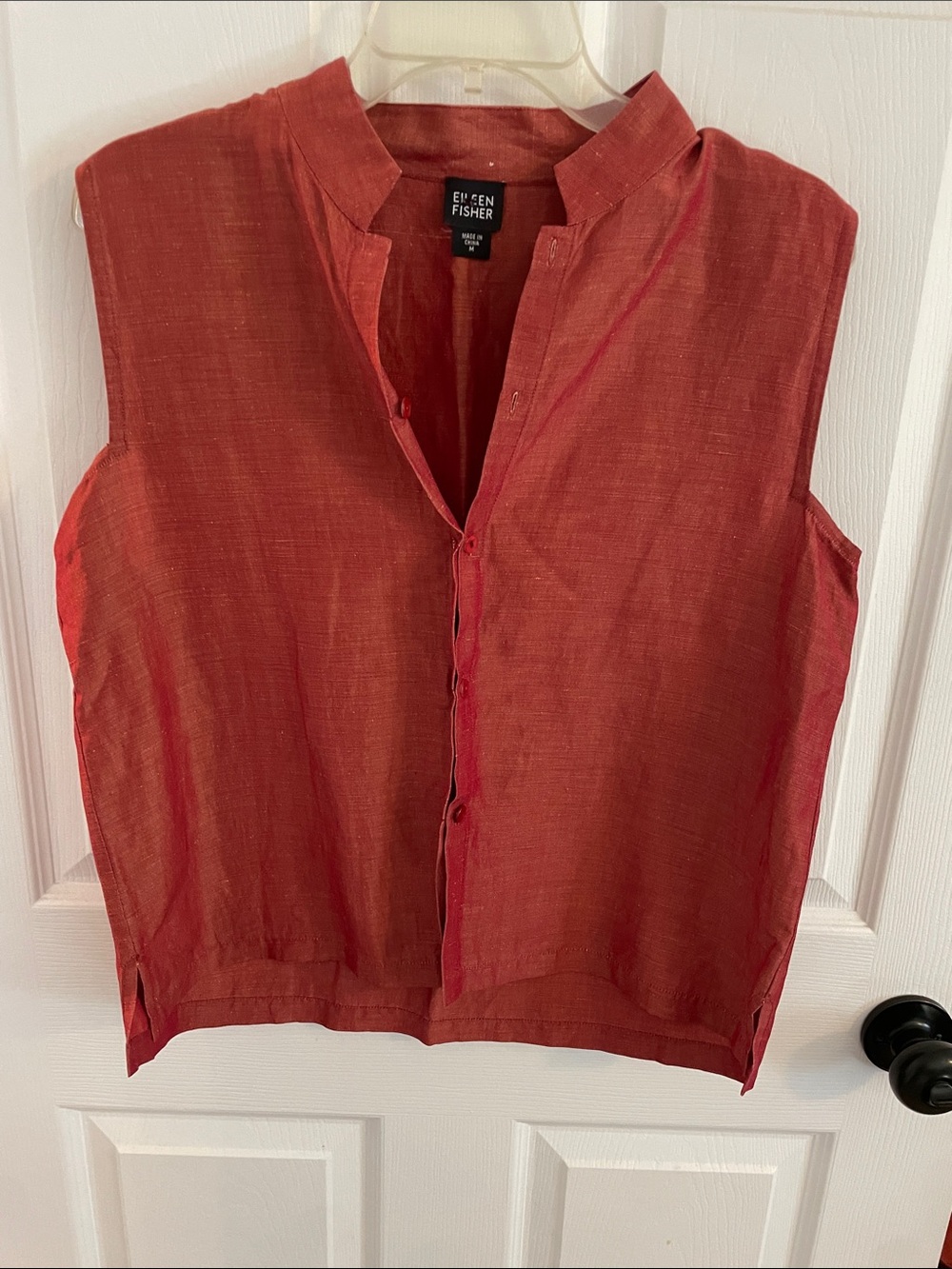 Eileen Fisher Sleeveless Red Button-Front Linen Top